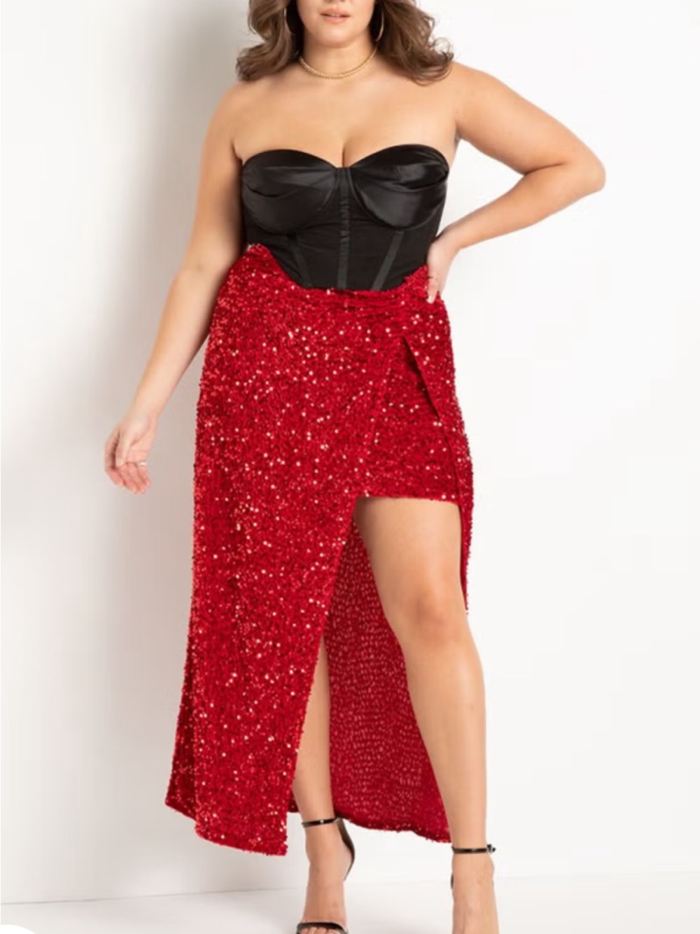 NWT ELOQUII Twist Detail Red Sequin Maxi Skirt Plus Size